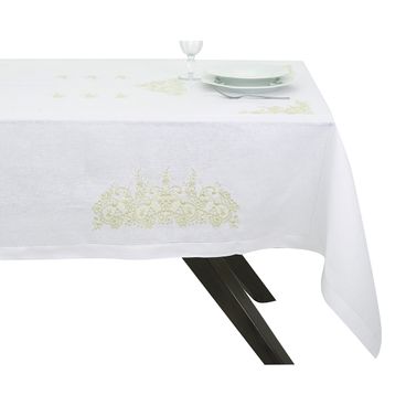Toalha de Mesa Atenas Bordada - Branco / Dourado