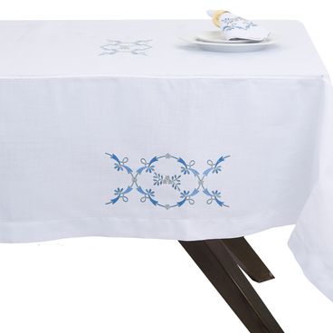 Toalha de Mesa Firenze Bordada Com Ponto Ajour - Branco / Azul