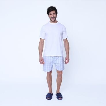 Pijama Algodão Pima Pierre Xadrez - Celeste/ Branco