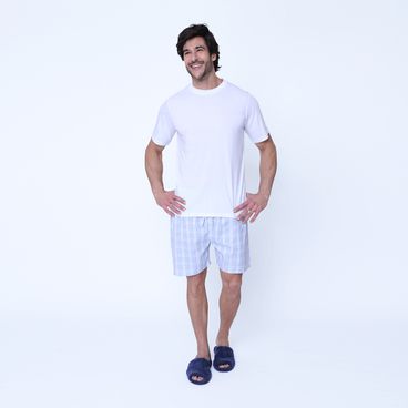 Pijama Algodão Pima Pierre Xadrez - Celeste/ Branco