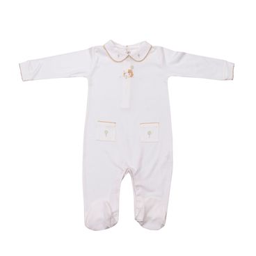 Macacão Pima Baby Bordado Pintinho e Urso - Marfim
