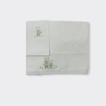 Jogo de Lencol Coelho Oculos Malha b - Branco / Verde