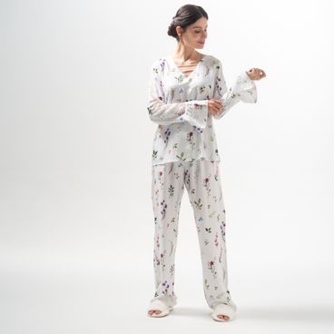 Pijama Flores do Campo Longo - Off White