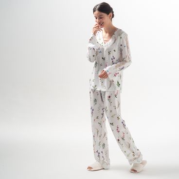 Pijama Flores do Campo Longo - Off White