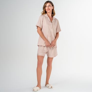 Pijama Feminino Curto Bambu - Rosa / Off White