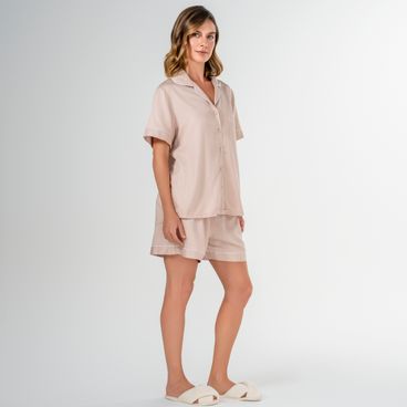 Pijama Feminino Curto Bambu - Rosa / Off White